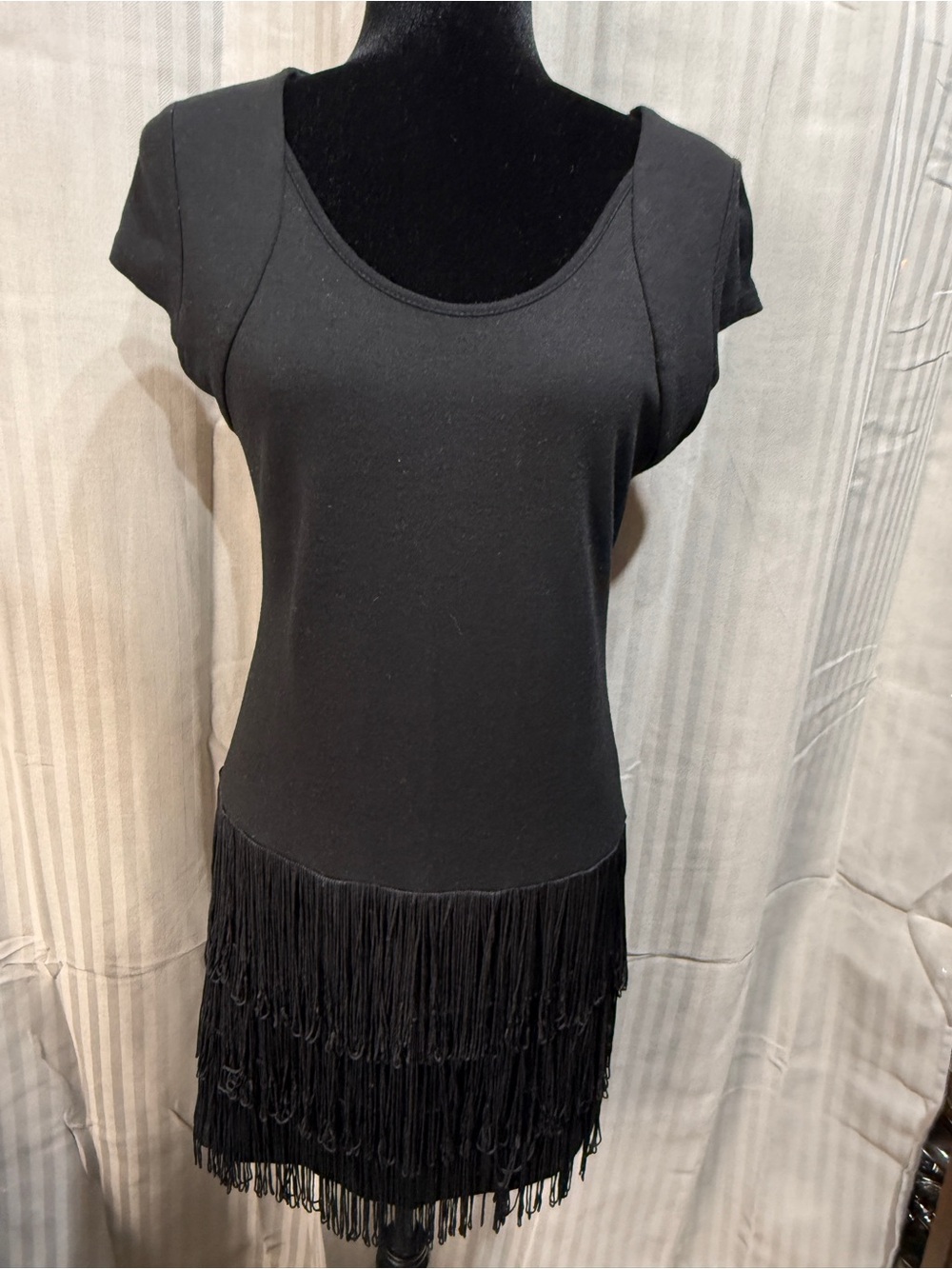 ADORE Black Tiered Fringe Flapper Mini Dress Large Gatsby Dance Party